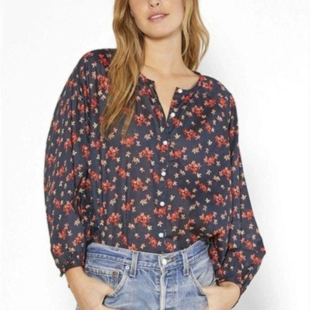 OUTERKNOWN Navy Blue Red Floral Button Down Light Boxy Peasant Top Size Medium